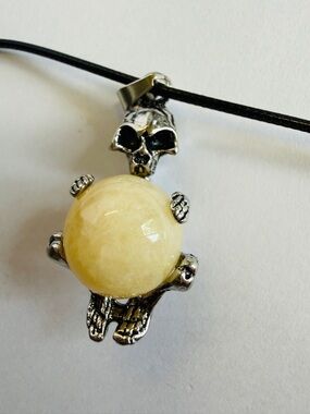 Gothic Skeleton Crystal Orb Necklace | Honey Calcite Sphere Pendant Silver Skull